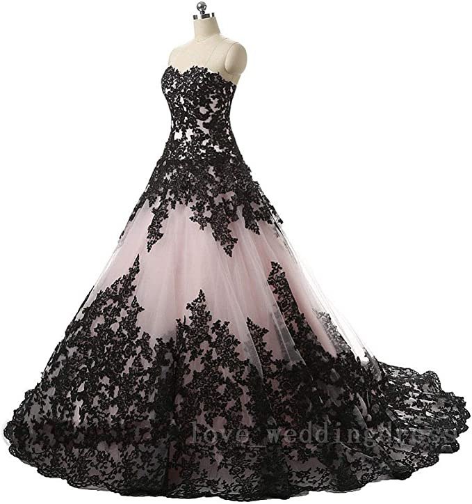 APXPF Women's Gothic Wedding Dress Elegant Black Appliques Prom Ball Gowns